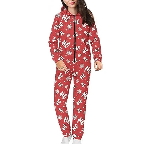 Christmas One Piece Pajamas for Women Men Hooded Long Sleeves Onesie Jumpsuit With Pockets Fall Wint