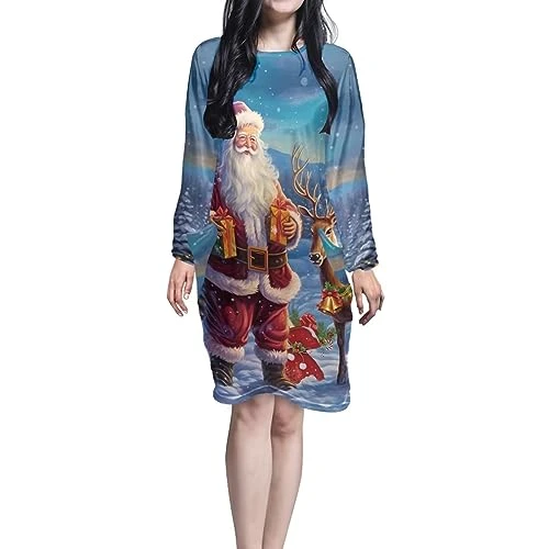 Christmas Pajamas Dress for Women Nightgown Long Sleeve Sleep Dress Round Neck Nightwear Loungewear Ladies Nightgowns Knee Length Fall Winter Clothes Plus Size 2X Blue