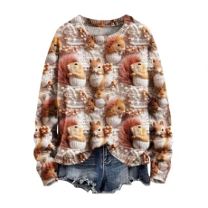 Christmas Women Jumper Rough Knitted Sweater Sleeping Little Fox Artistic Round Neck Fashion Retro Pullover Art Printed Ladies Sweatshirts for Women UK Athletic Wear No Hood(A6-White,S)