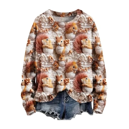 Christmas Women Jumper Rough Knitted Sweater Sleeping Little Fox Artistic Round Neck Fashion Retro Pullover Art Printed Ladies Sweatshirts for Women UK Athletic Wear No Hood(A6-White,S)