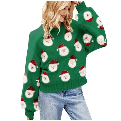 Christmas Y2K Y2K Women's Jumpers Christmas Sweater Pullover Jacquard Christmas Tree Knit Sweater Long Sleeve Sweater Black Boho Polo Neck Jumpers for Women UK Sale Clearance Daliy Essentials