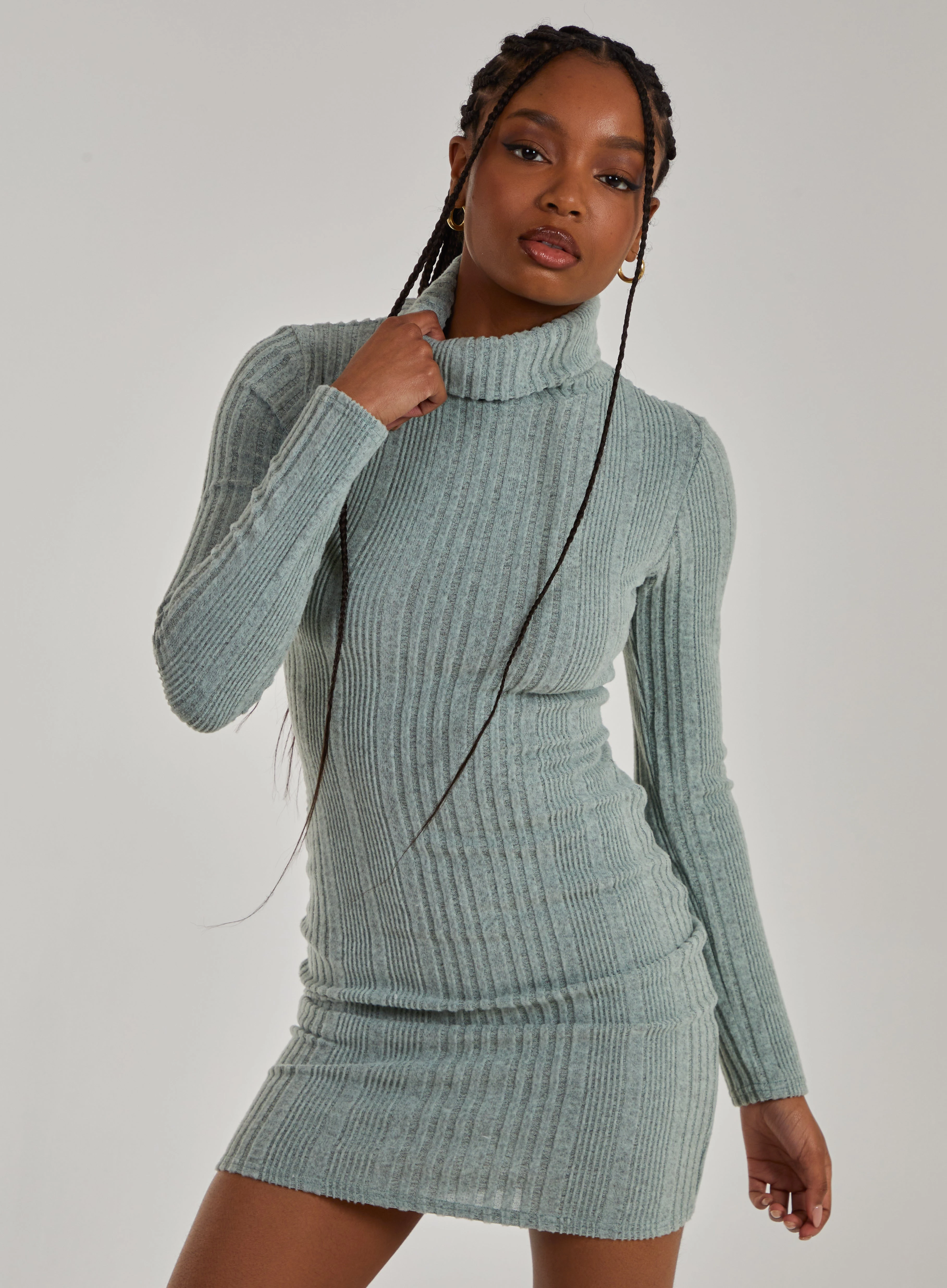 Chunky Brushed Rib Roll Neck Dress  - S  - Sage