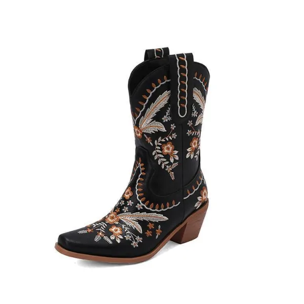 Chunky Heel Embroidery Knee-high Cowboy Boots - Black / - Black