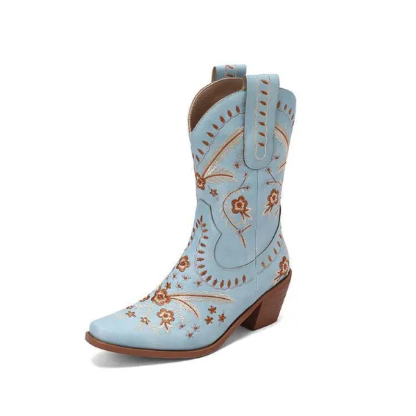 Chunky Heel Embroidery Knee-high Cowboy Boots - Blue /