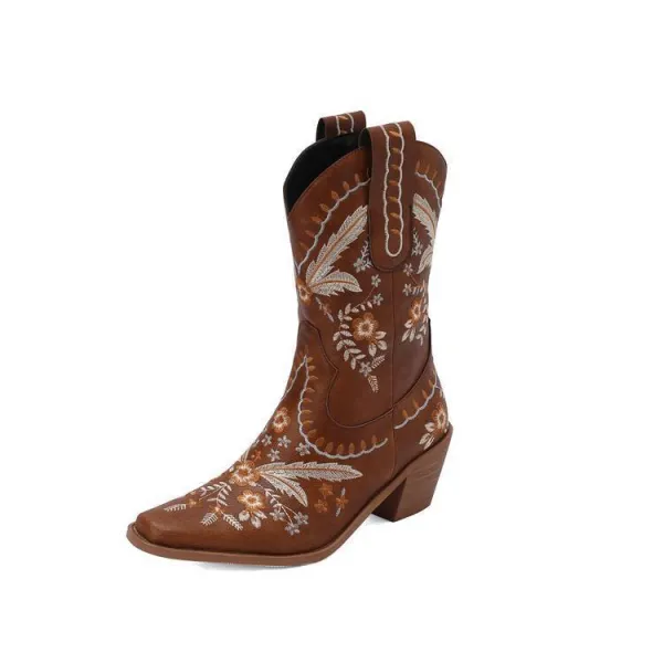 Chunky Heel Embroidery Knee-high Cowboy Boots - Dark Brown /