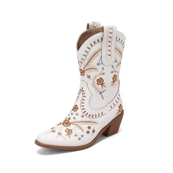 Chunky Heel Embroidery Knee-high Cowboy Boots - White /