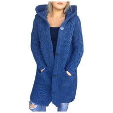 Chunky Knit Cardigan Ribbed Sweaters Thermal Winter Hoodies For Women Uk Hooded Thick Warm Outerwear Long Sleeve Button Down Cardigans Knited Jackets Solid Colour Loose Coats With Pockets