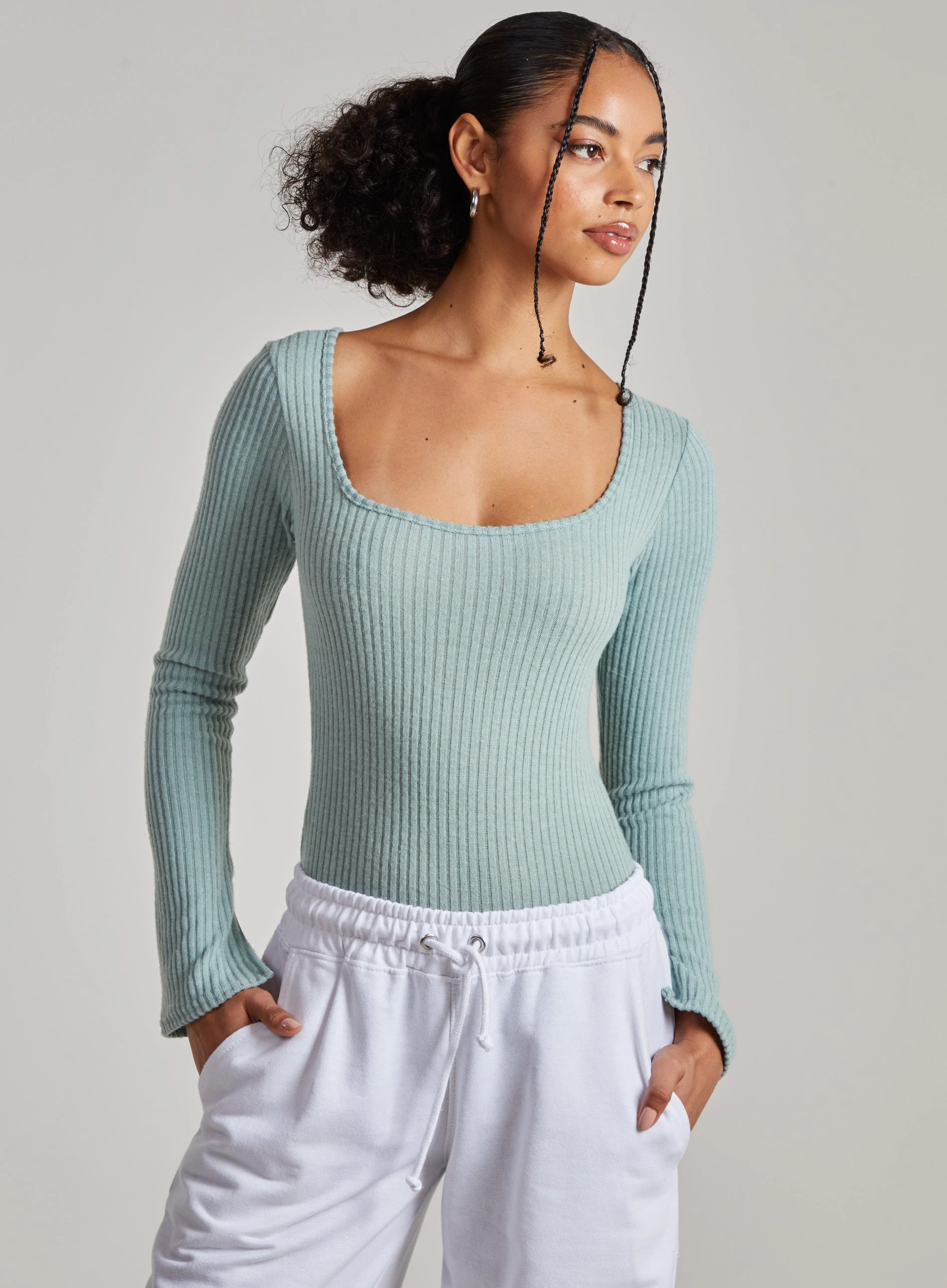 Chunky Rib Long Sleeved Squared Neck Bodysuit  - L  - Sage