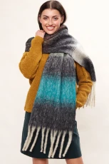 Ciara Cosy Fluffy Striped Tassel Scarf - Navy