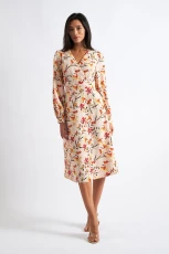 Cinnamon Flower Print Midi Wrap Dress - Beige