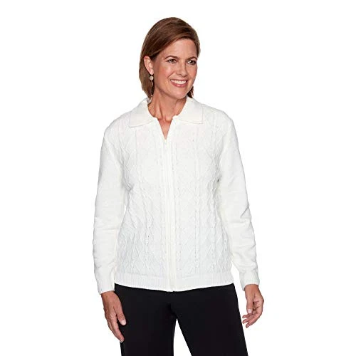 Classic Chenille Cardigan With Sporty Collar - White - XL
