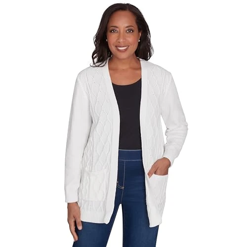 Classic Chenille Open Front Cardigan with Pocket Polyester, Ivory, XL