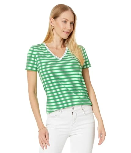 Classic Cotton V-Neck T-Shirts for Women, Fern/Bright White, XS