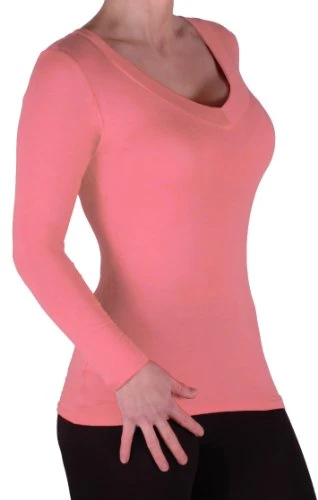 Classic - Ladies Casual T-Shirt Long Sleeve V Neck Tops Womens Shirts Blouse Coral M/L - 12/14