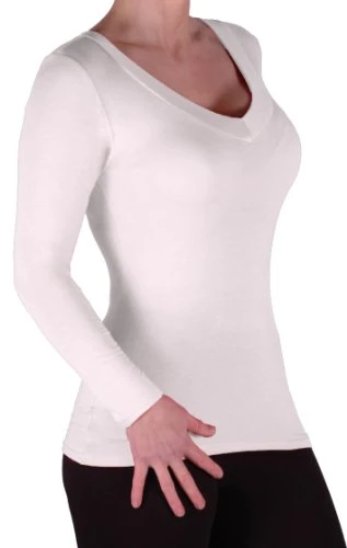 Classic - Ladies Casual T-Shirt Long Sleeve V Neck Tops Womens Shirts Blouse White M/L - 12/14