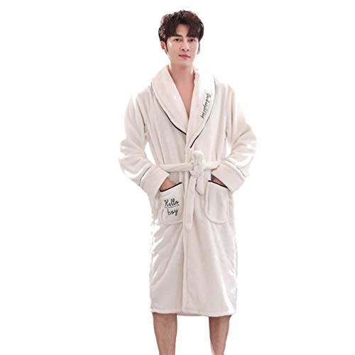 Classic Unisex Dressing Nightgown Thick Flannel Synthetic Pajamas Bathrobe Housecoats Cardigan with Belt (White(Men), Asia XL)