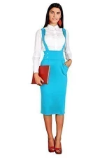 Classic Viscose Women's Midi Pencil Skirt with Buttons Braces High Waist FA37 Turquoise
