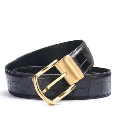 Classical Designer Genuine Crocodile Belly Skin Men's Straps Exotic Alligator Leather Stainless Steel Pin Buckle Belt, Black Gold, 105cm