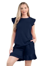 � Co Ord Sets for Women, Ruffle Sleeve Top and Textured Short Set - Lounge Wear Sets for Women UK - Comfortable & Stylish Two Piece Outfit Women Navy