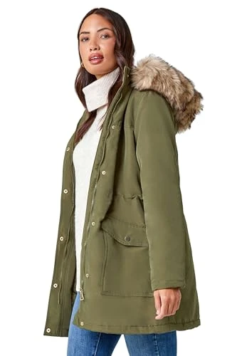 Coat with Faux Fur Hood for Women UK Ladies Autumn Jacket Winter Parka Waterproof Rainproof Windproo