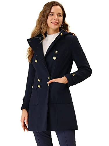 Coats for Women, Stand Collar Double Breasted, Hoodie Outerwear, Winter Long Coat Navy Blue S