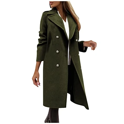 Coats For Women UK, Women's Autumn and Winter Woolen Coat Solid Color Double Breasted No Pocket Mid 