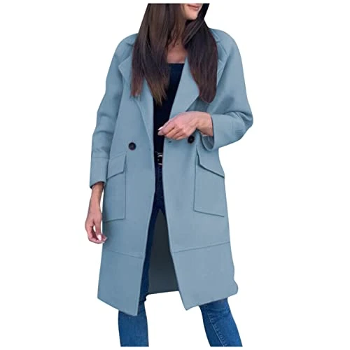 Coats For Women UK, Women's Mid-Length Coat Solid Color Long Sleeve Lapel Button Pocket Woolen Coat 