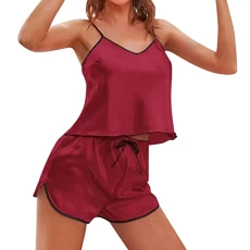 Cold Pajamas for Women Women's Simple Loose Beauty Back Thin Home Clothes Suspender Shorts Suit Fashion Pajamas Pajama Set Long Sleeve Short Red