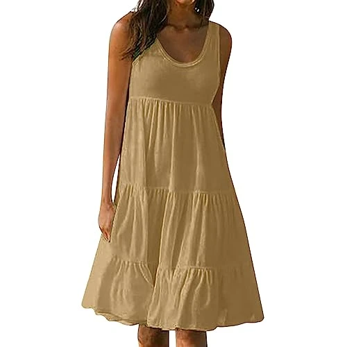 Cold Shoulder Women Dresses Women's Long High Waist Tied Solid Color Round Neck Dress (Khaki, M)