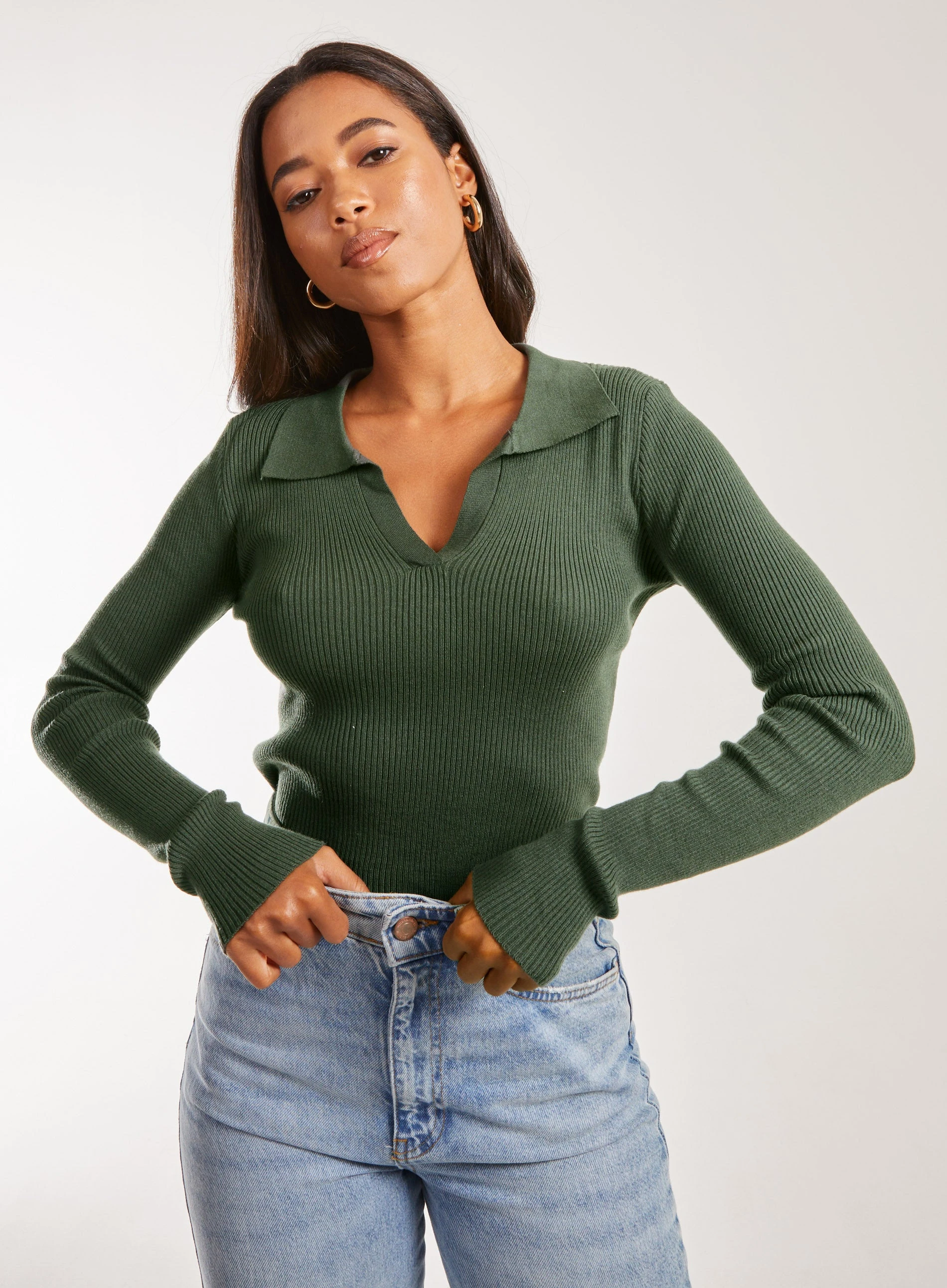 Collared Knitted Jumper  - S  - Khaki