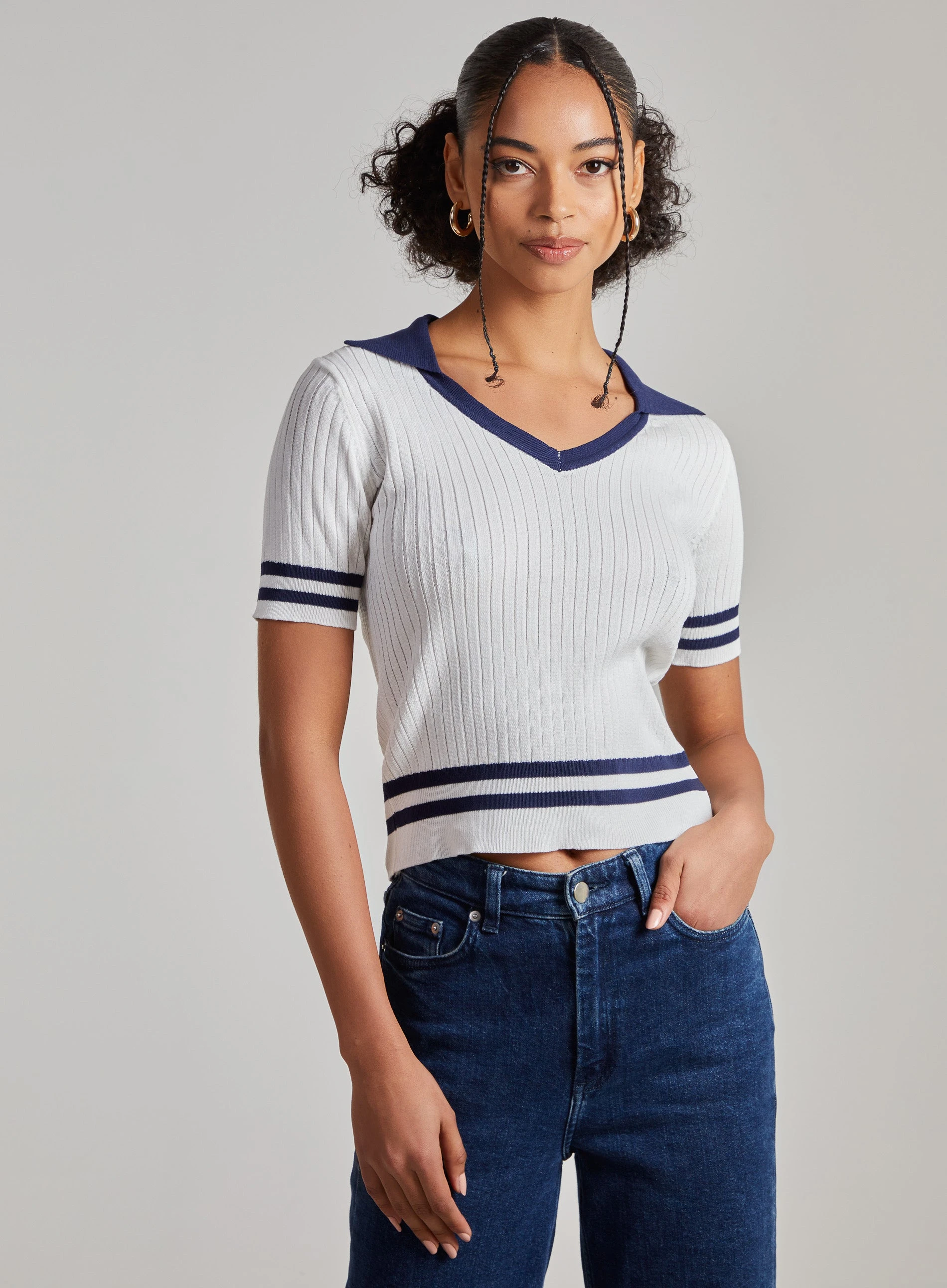 Collared Sports Stripe Knitted Top  - S/M  - Navy