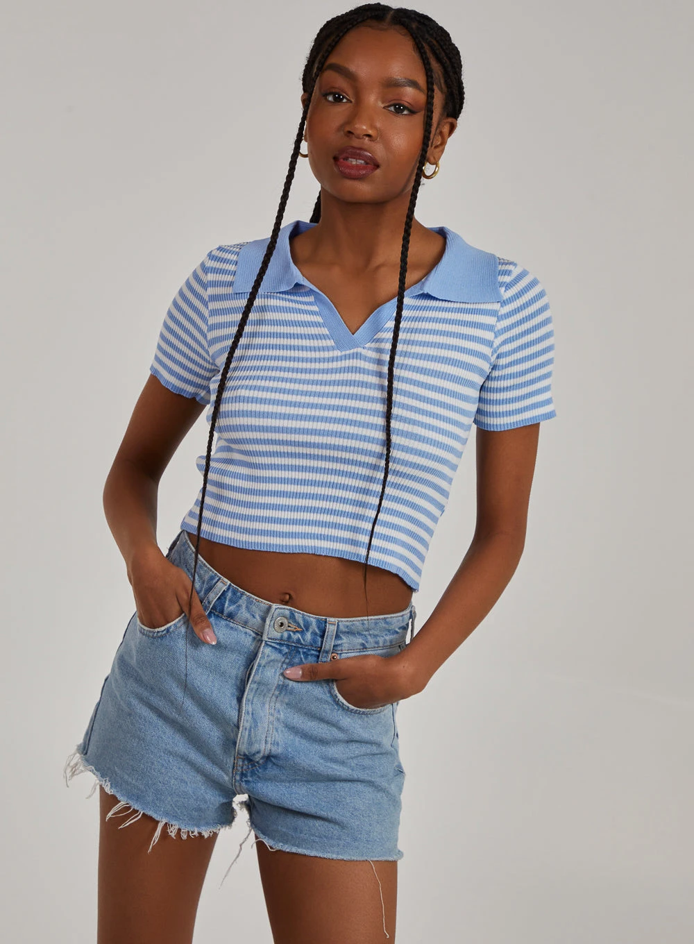 Collared Striped Knitted Polo Top  - S  - Blue