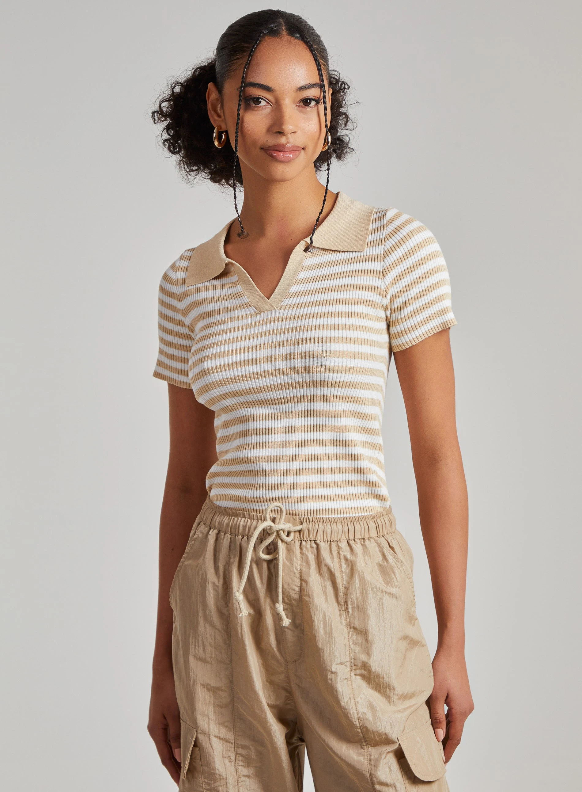 Collared Striped Knitted Polo Top  - S  - Stone