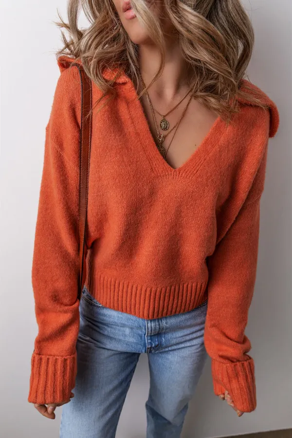Collared V-Neck Ribbed Edge Sweater - Orange /