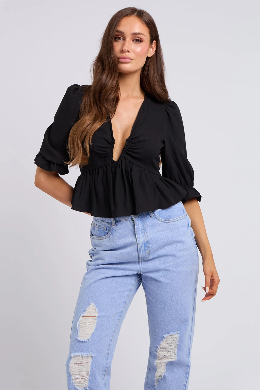 Collette Black U Bar Empire Peplum Top /
