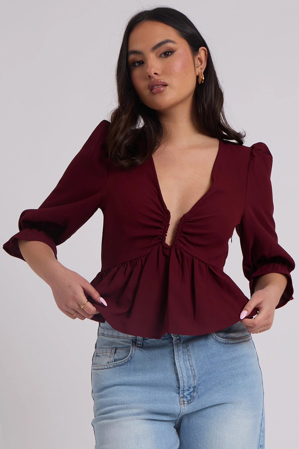 Collette Burgundy U Bar Empire Peplum Top Red /