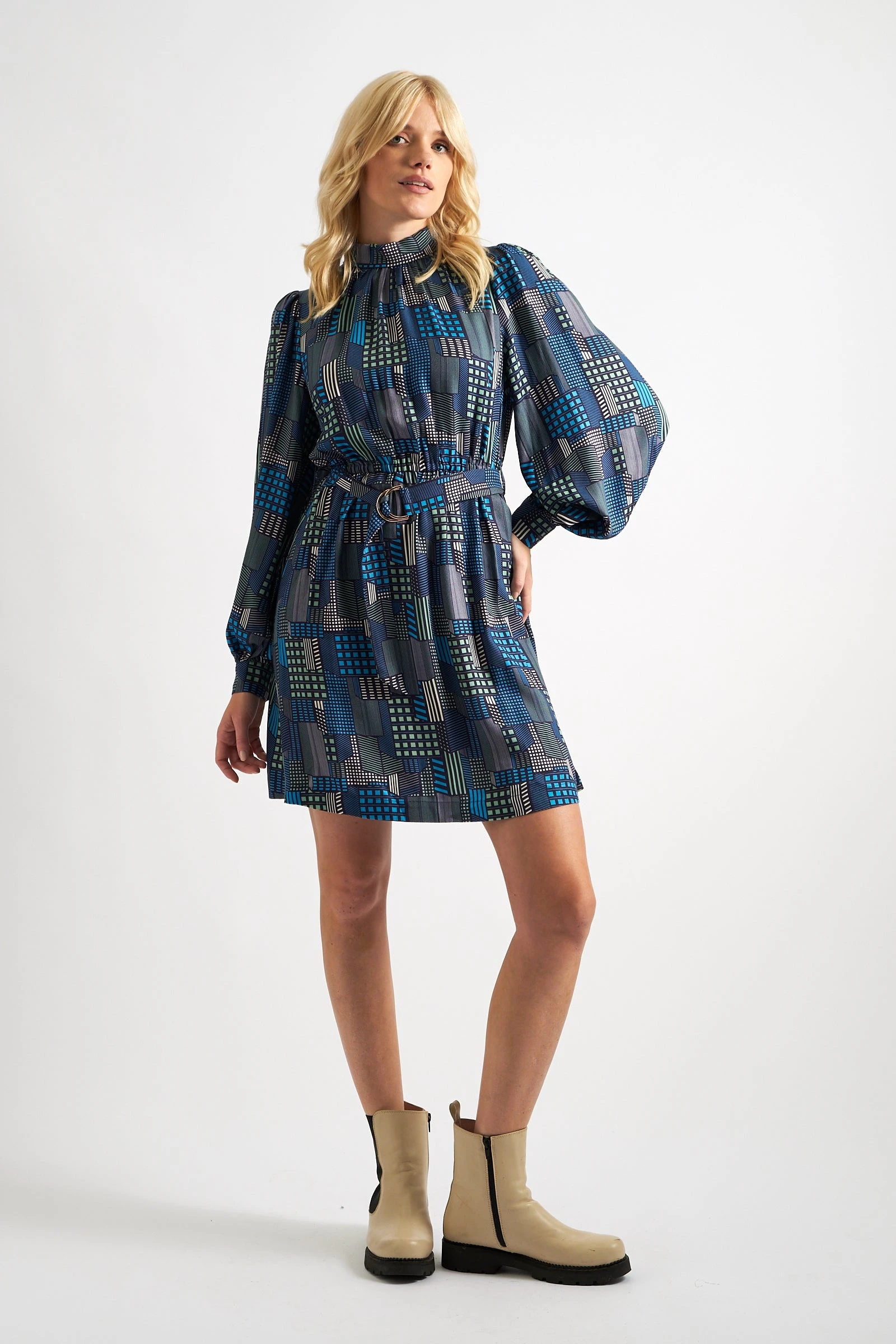 Collyn Geo City Print Long Sleeve Mini Dress - Blue