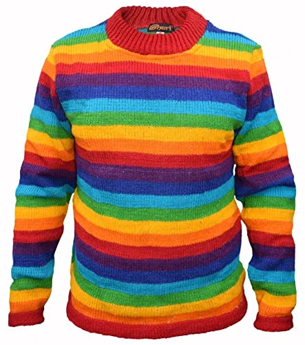 Colorful Knitted Multicolor Wool Sweater Rainbow Striped X-Large