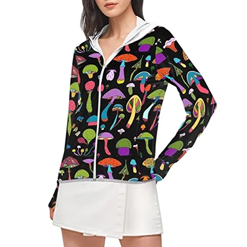Colorful Mushroom Women's UPF 50+ Sun Protection Hoodie Full Zip Up Long Sleeve UV Shirts Jacket Elastic Lightweight Breathable Outfits Large Hiking Jacket with Thumbhole