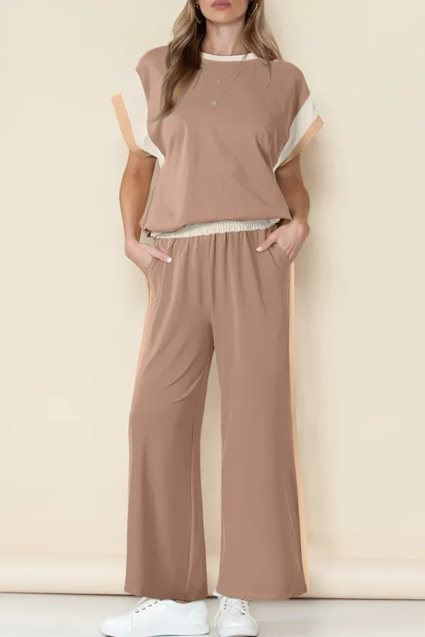 Colour Block Detail Casual Two-piece Outfit - Light Brown / 2XL