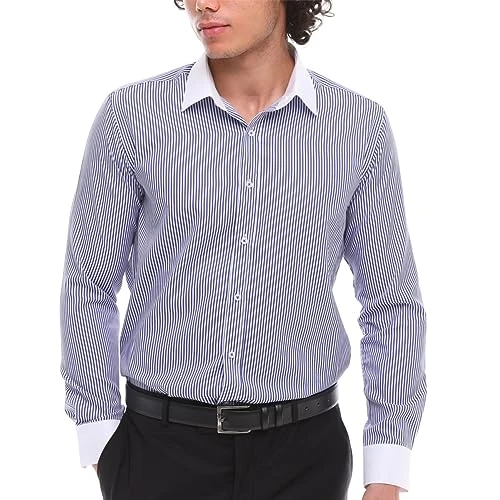 .com Mens Button Down Stripe Dress Shirt Smart Formal Classic Collar - Blue XXL