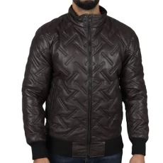 .com Men's Puffer Quilted Bomber Jacket Real Leather Casual - Brown M