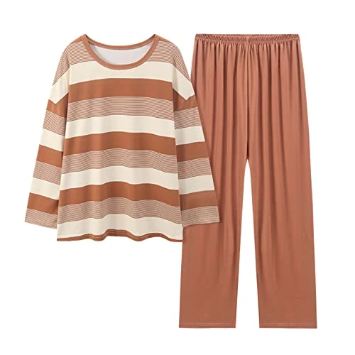 Comfortable Striped Colour Gradient for Women, Pure Faux Colour Cotton Pyjamas, Casual, Loose, Long Sleeve, Satin Pyjamas Rose, orange, M