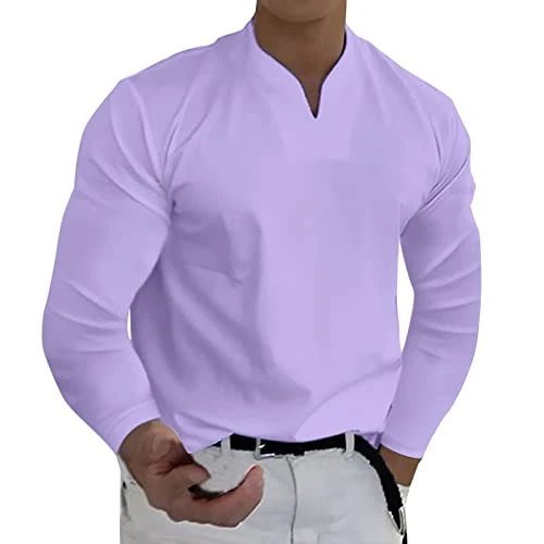 Compressor T-Shirt Men Spring and Winter Casual V-Neck Solid Long Sleeve T-Shirt Top Blouse Shirt Large Size Men, purple, XXL