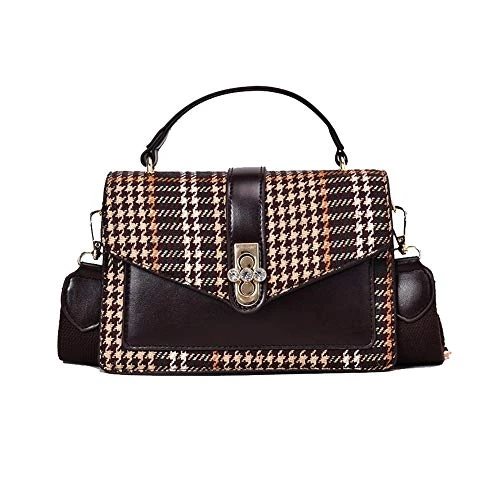 Contrast Color Lock Buckle Small Square Handbag Women Strap Shoulder Messenger Bag Coffee