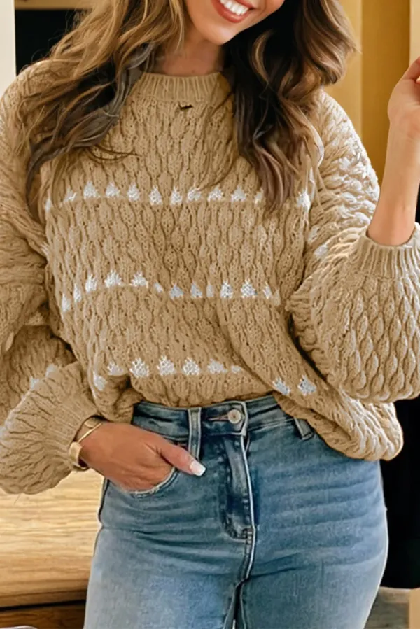 Contrast Detail Textured Knit Puff Sleeve Baggy Sweater - Beige /
