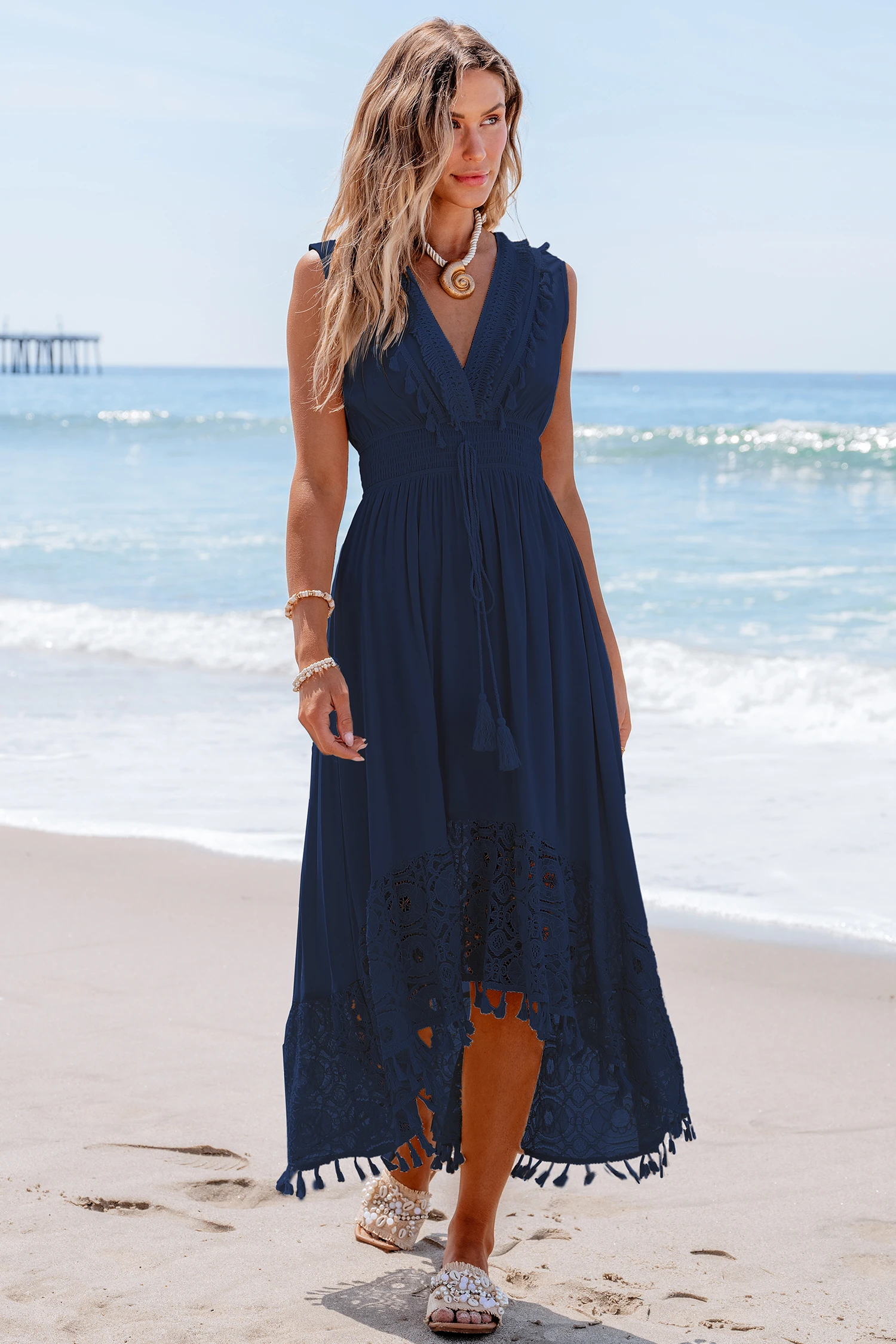 Contrast Lace Tassel Midi Dress - Blue