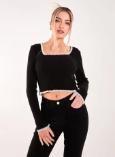 Contrast Stitch Long Sleeve Knit Top BLACK