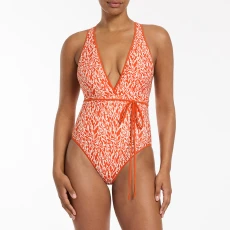 Coral Sereno Ditsy Plunge Waist Tie One Piece Swimsuit - Orange