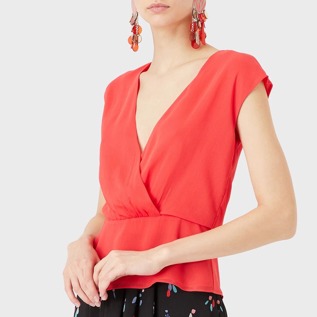 Coral V-Neck Peplum Blouse - Pink